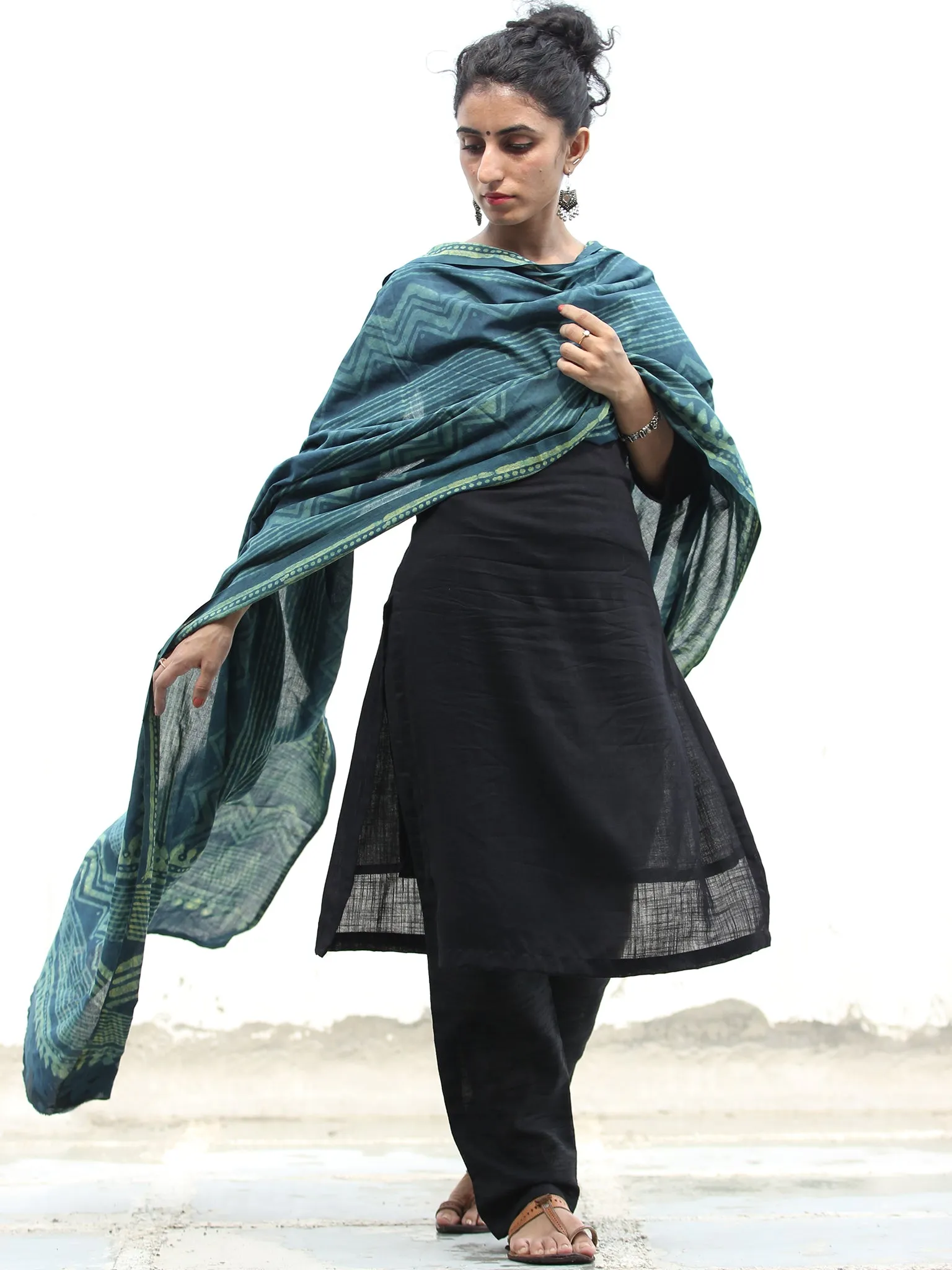 Deep Indigo Green Cotton Hand Block Printed Dupatta With Hand Made Tassels - D04170415