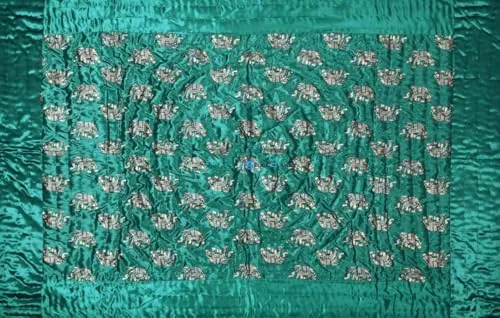 Indiafab Textiles Jaipuri Razai Rajasthani Traditional Silk Fabric Filling Pure Cotton Lightweight Winter and Summer Rajai Quilt Bedding Throw Blanket (Green Elephant Single Bed 60 X 90 INCHES)