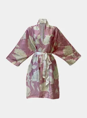 Kimono Silk Robe - Pink With Cream Floral Design