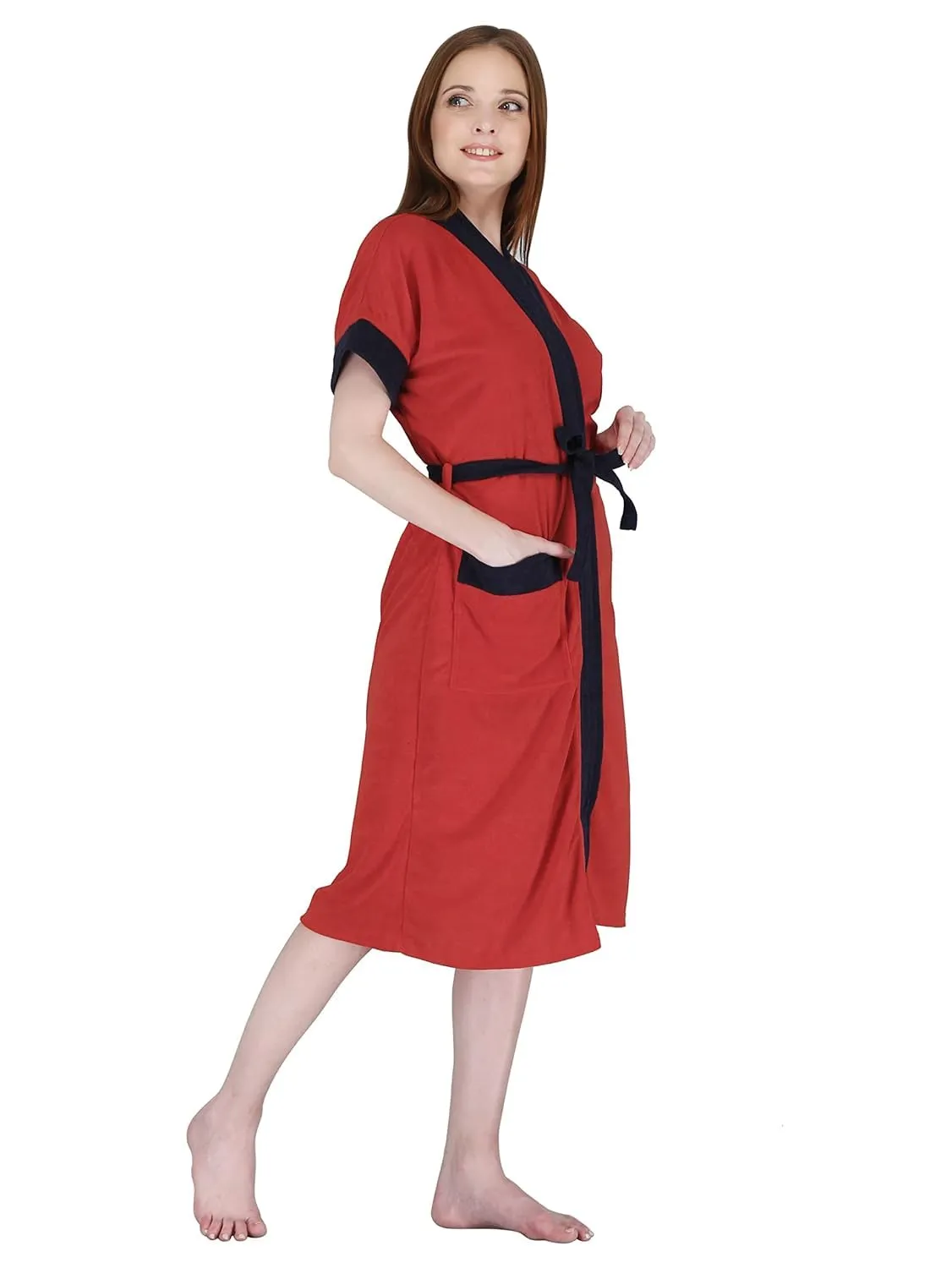 Kuber Industries Bathrobe for Women Micro Terry Cotton Towel Robe | Soft and Easy to Absorb & Dry| Unisex Bathrobe (Red) (Pack Of 2)