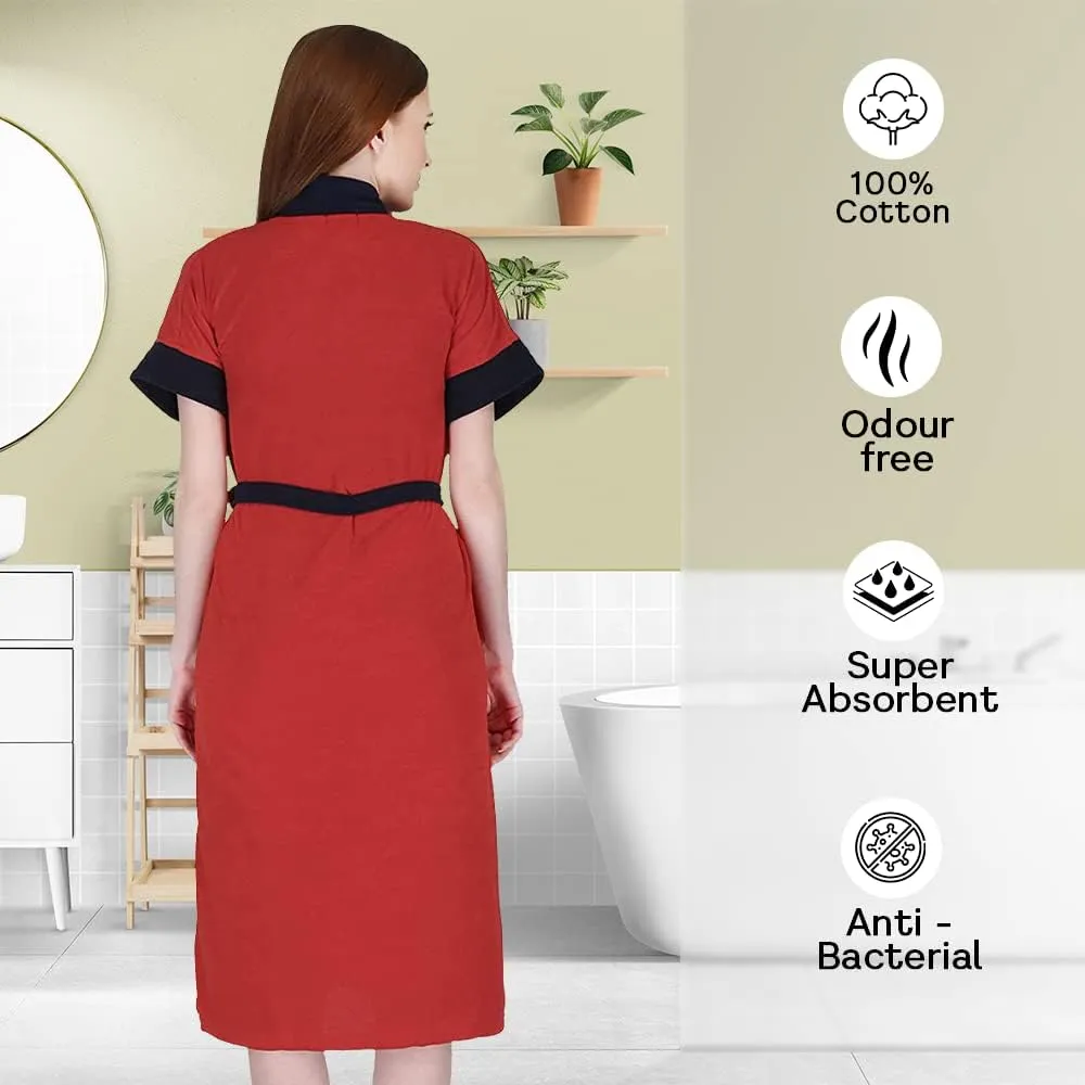 Kuber Industries Bathrobe for Women Micro Terry Cotton Towel Robe | Soft and Easy to Absorb & Dry| Unisex Bathrobe (Red) (Pack Of 2)