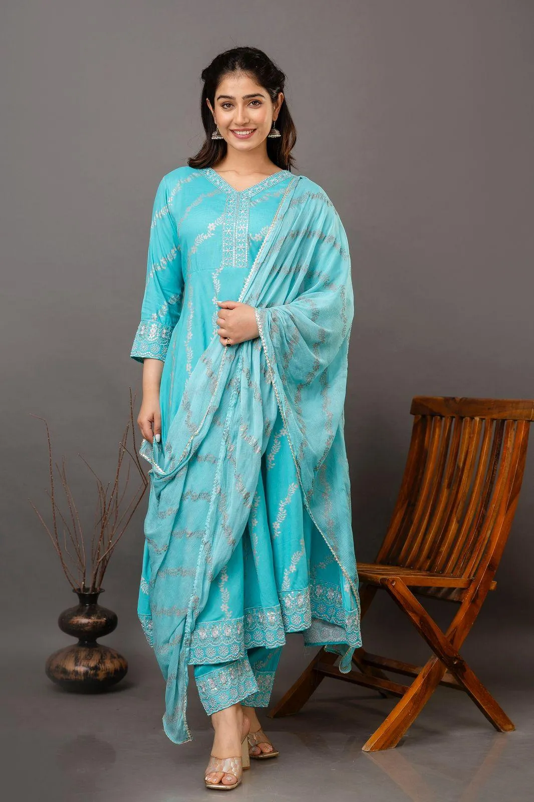 Light Blue Embroidered Kurta Set with Designer Pant & Lace Dupatta - 3 Piece Ensemble