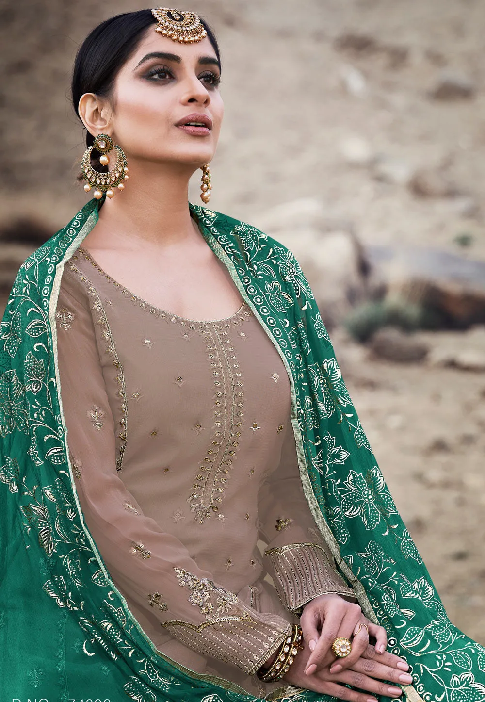 Light Brown And Turquoise Embroidered Palazzo Suit