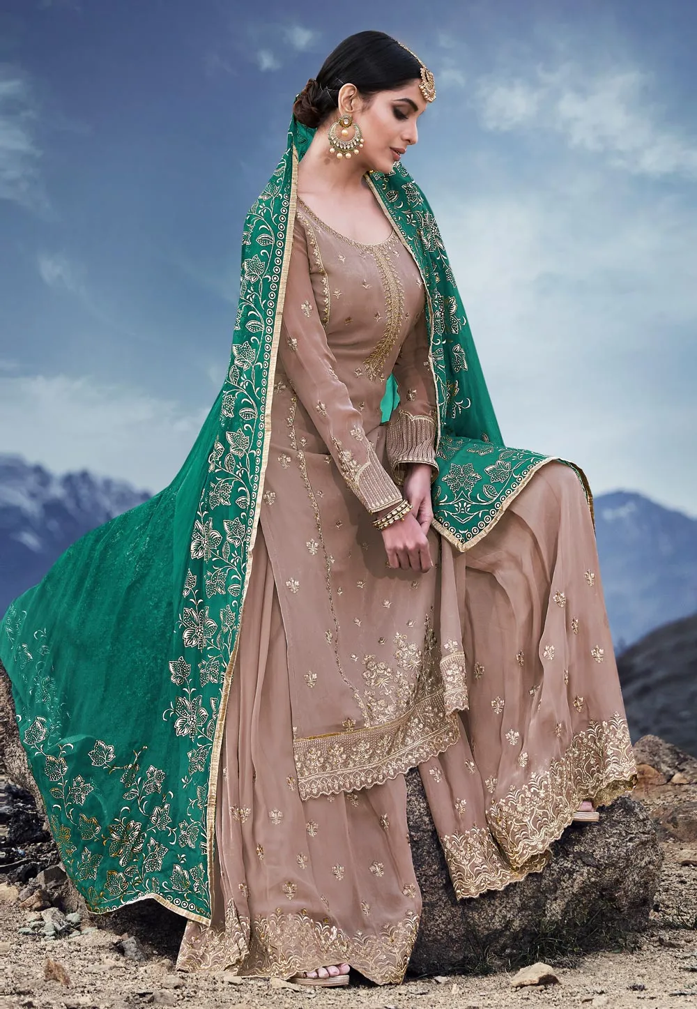 Light Brown And Turquoise Embroidered Palazzo Suit