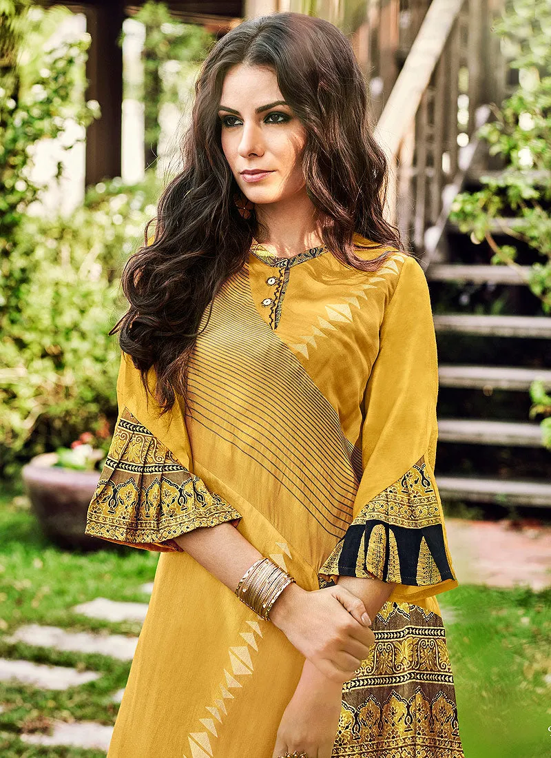 Mustard Yellow Printed And Embroidered Kurti