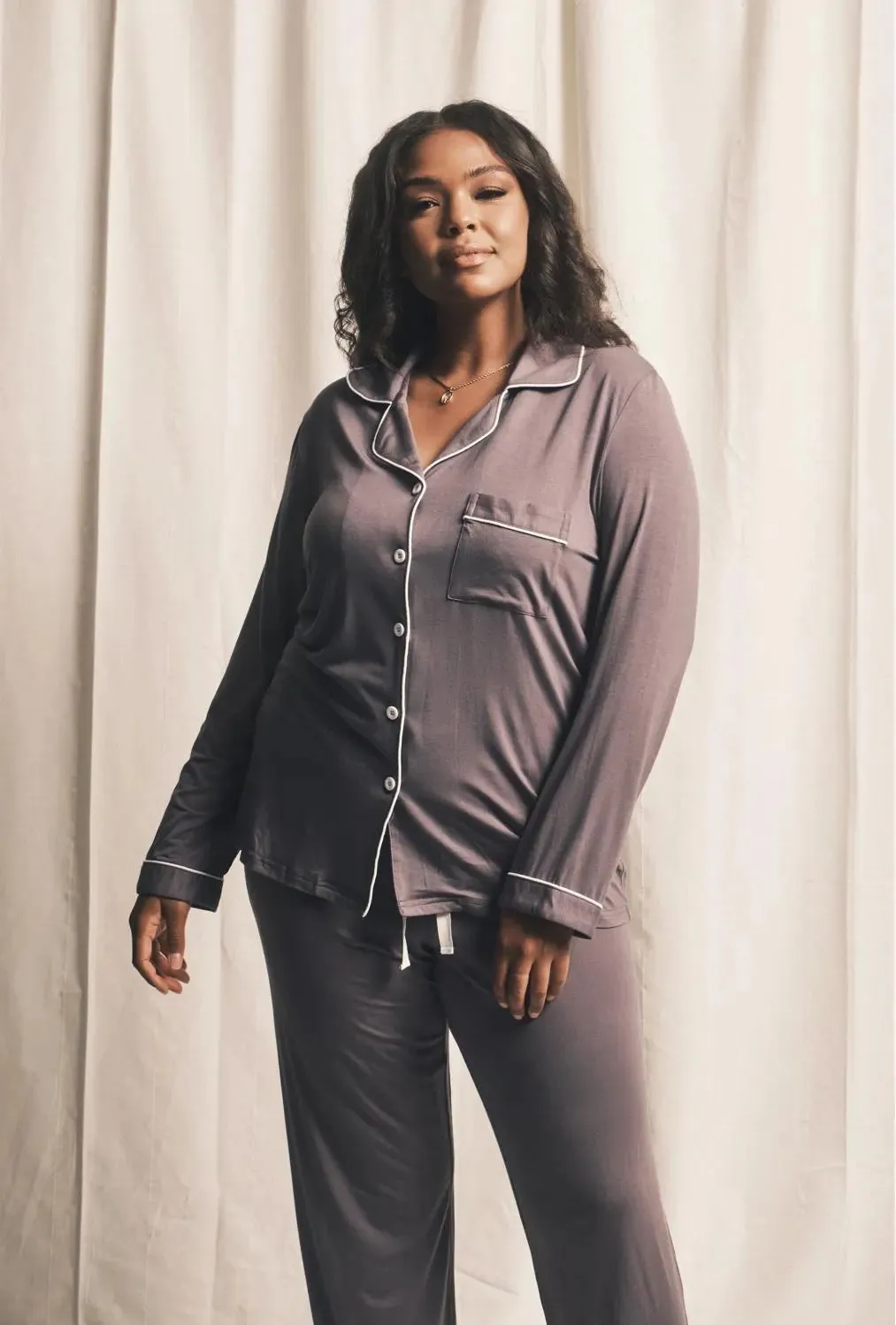 Piped Edge Bamboo Pyjama Set in Charcoal Grey