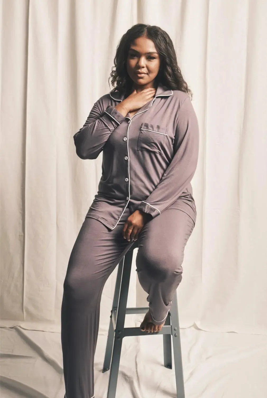 Piped Edge Bamboo Pyjama Set in Charcoal Grey