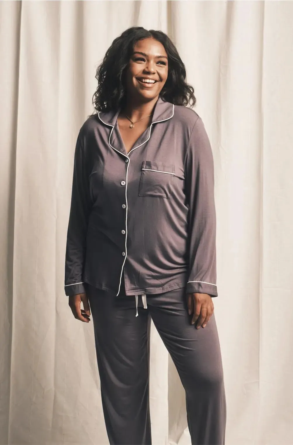 Piped Edge Bamboo Pyjama Set in Charcoal Grey