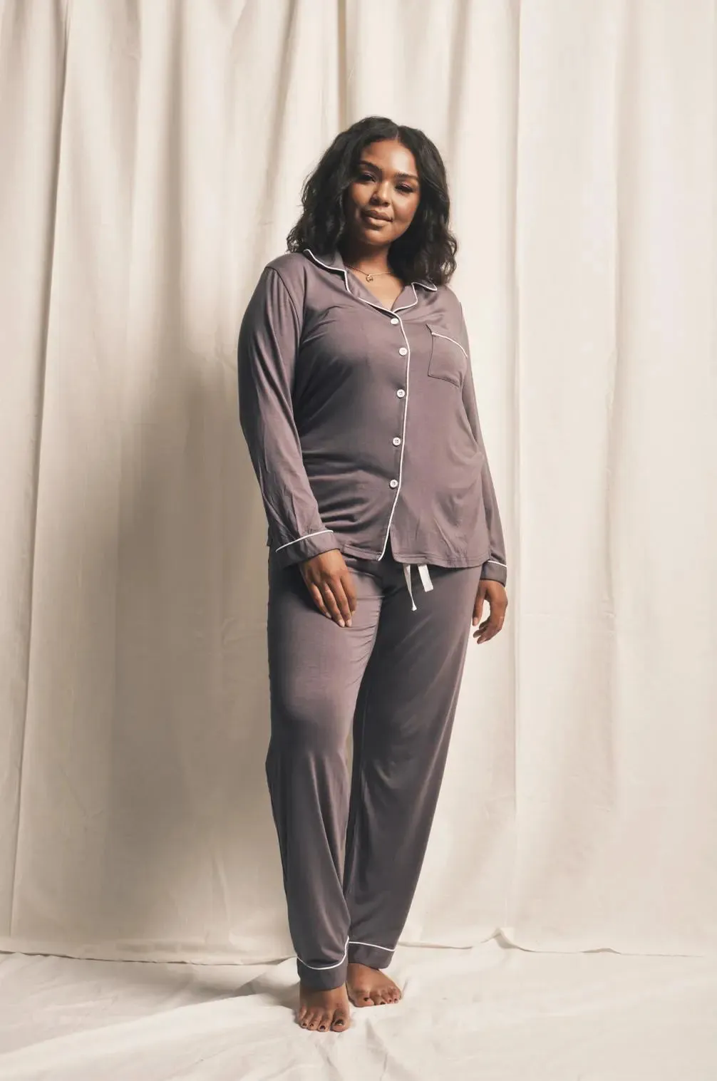 Piped Edge Bamboo Pyjama Set in Charcoal Grey